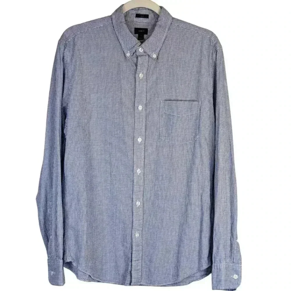 J. CREW Classic Cotton Poplin Dress Shirt in Micro Gingham check blue Large